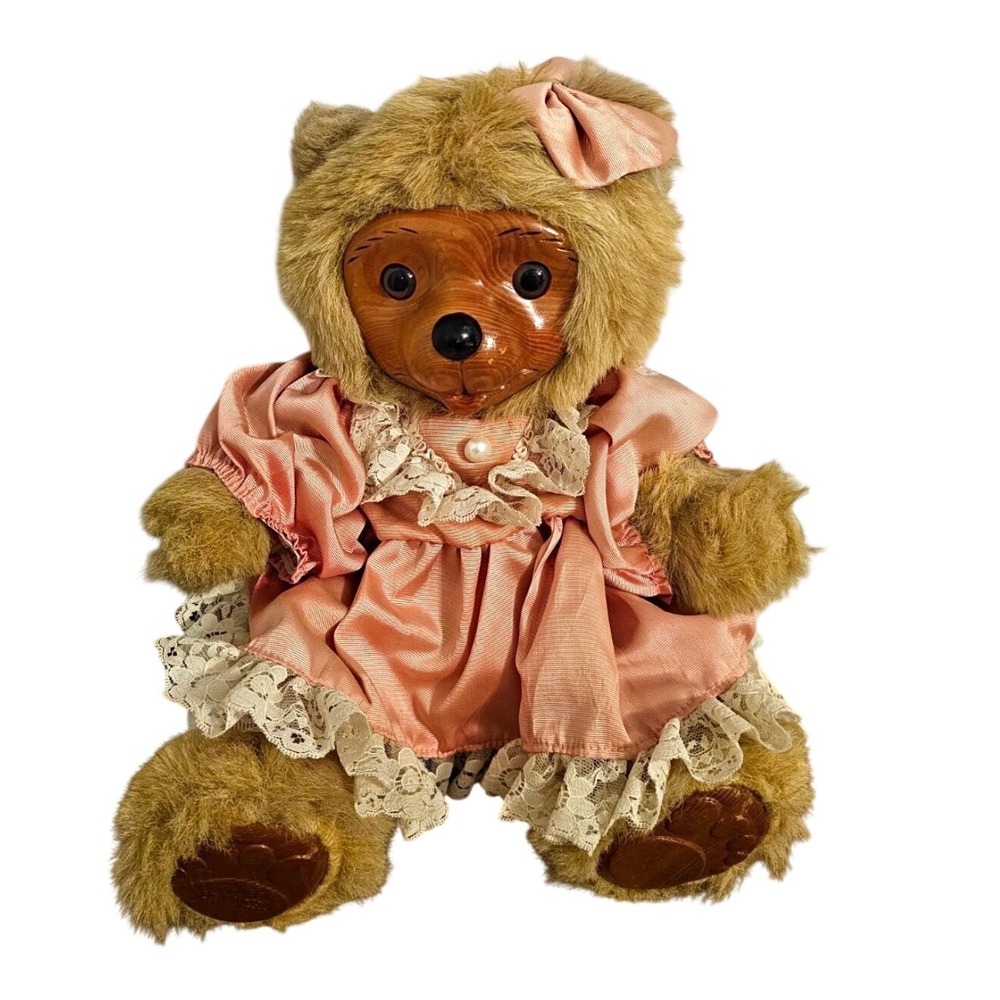 Vtg Robert Raike 1986 "Penelope" Wood Face Bear  Teddy Bear Lace Dress Wood Face - Picture 2 of 6